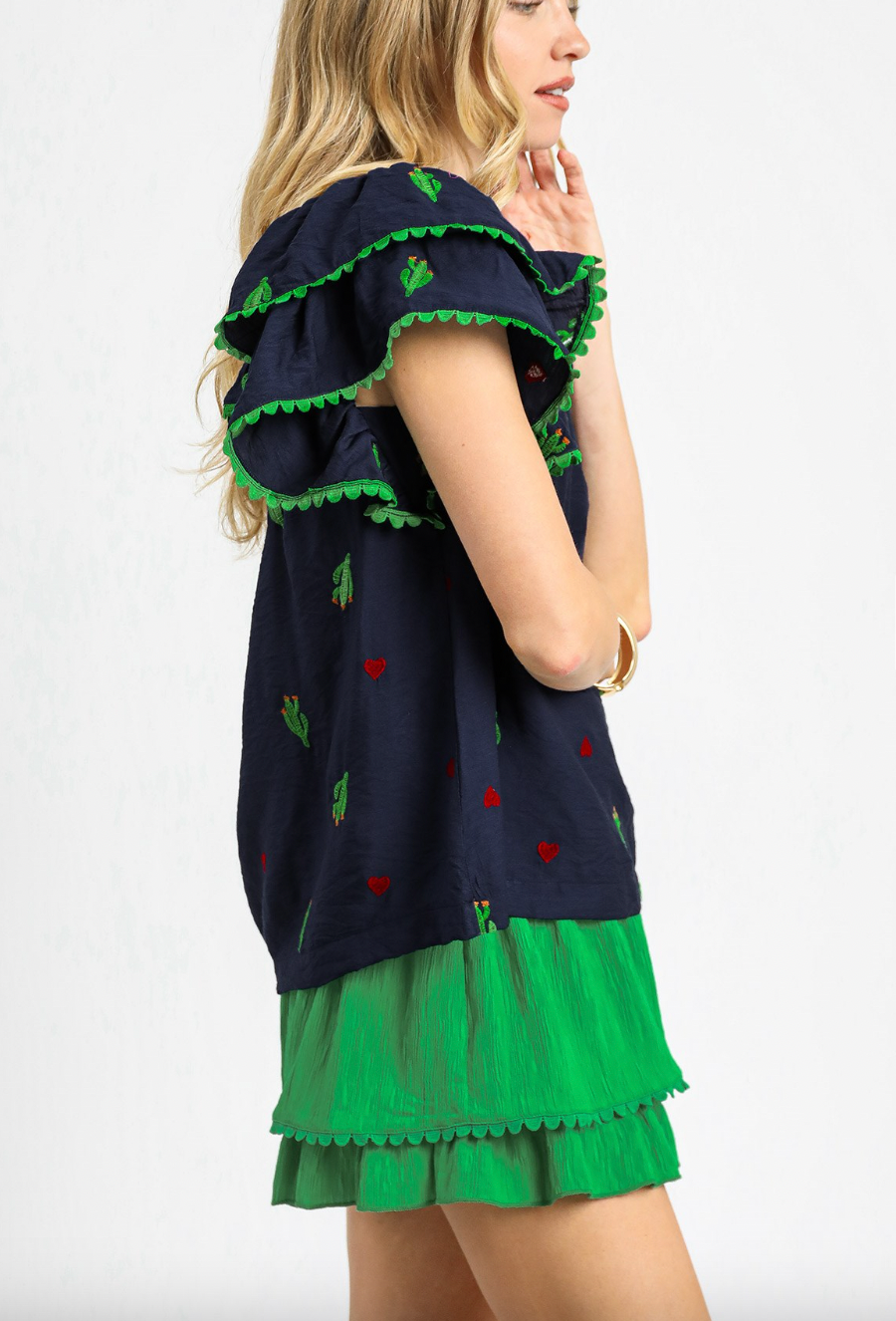 1514 Navy Embroidered Cactus Ruffle Sleeve Top