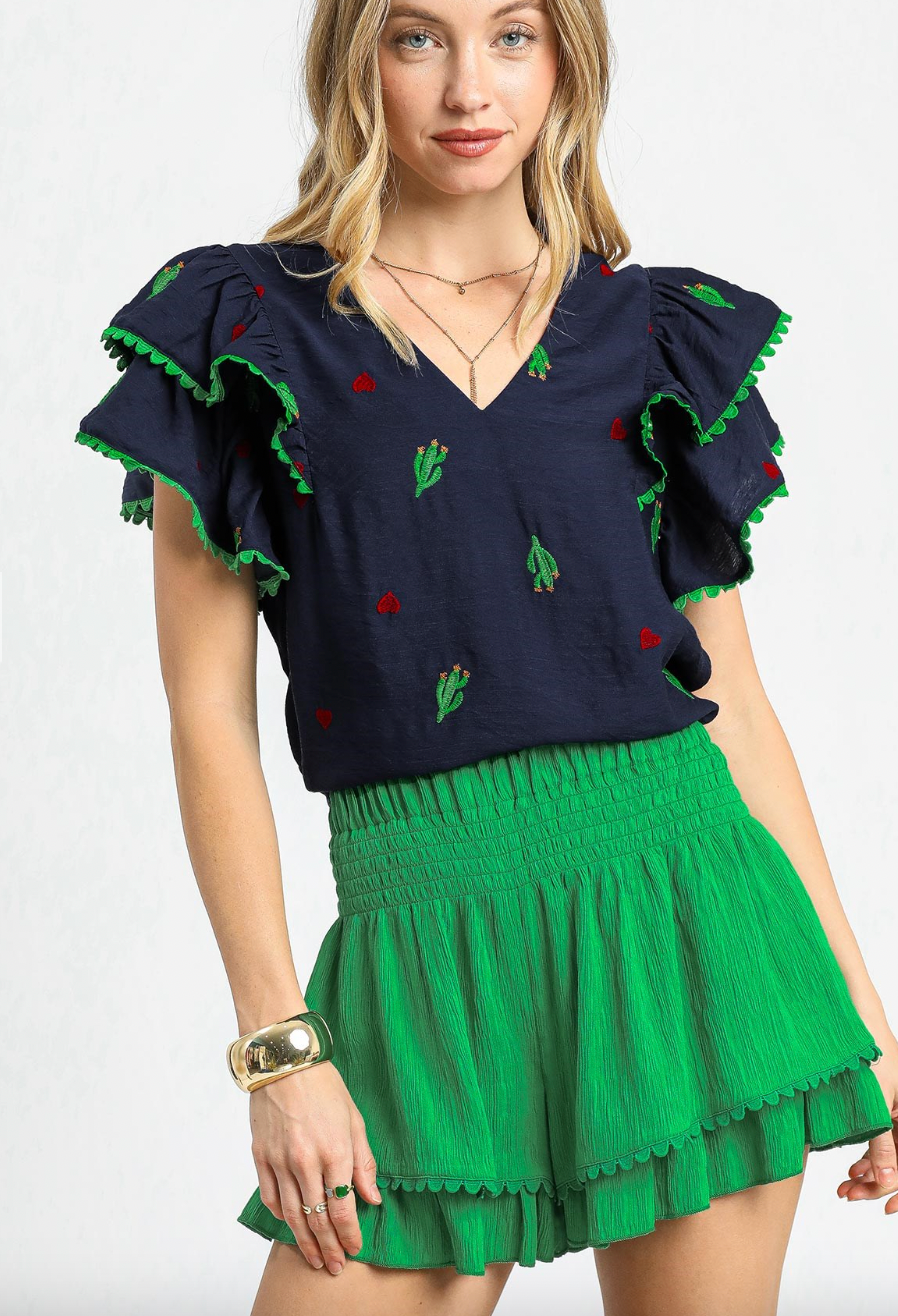1514 Navy Embroidered Cactus Ruffle Sleeve Top