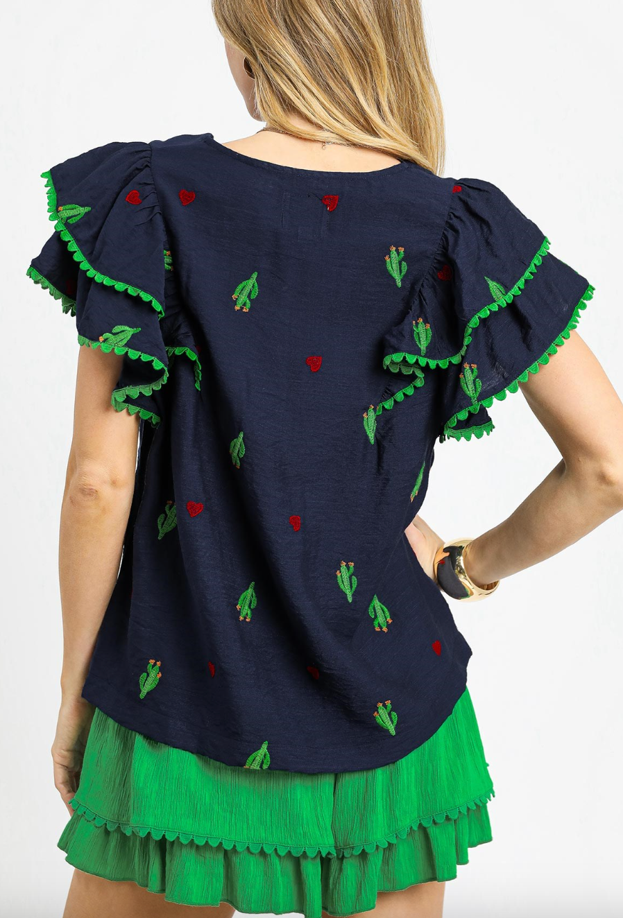 1514 Navy Embroidered Cactus Ruffle Sleeve Top