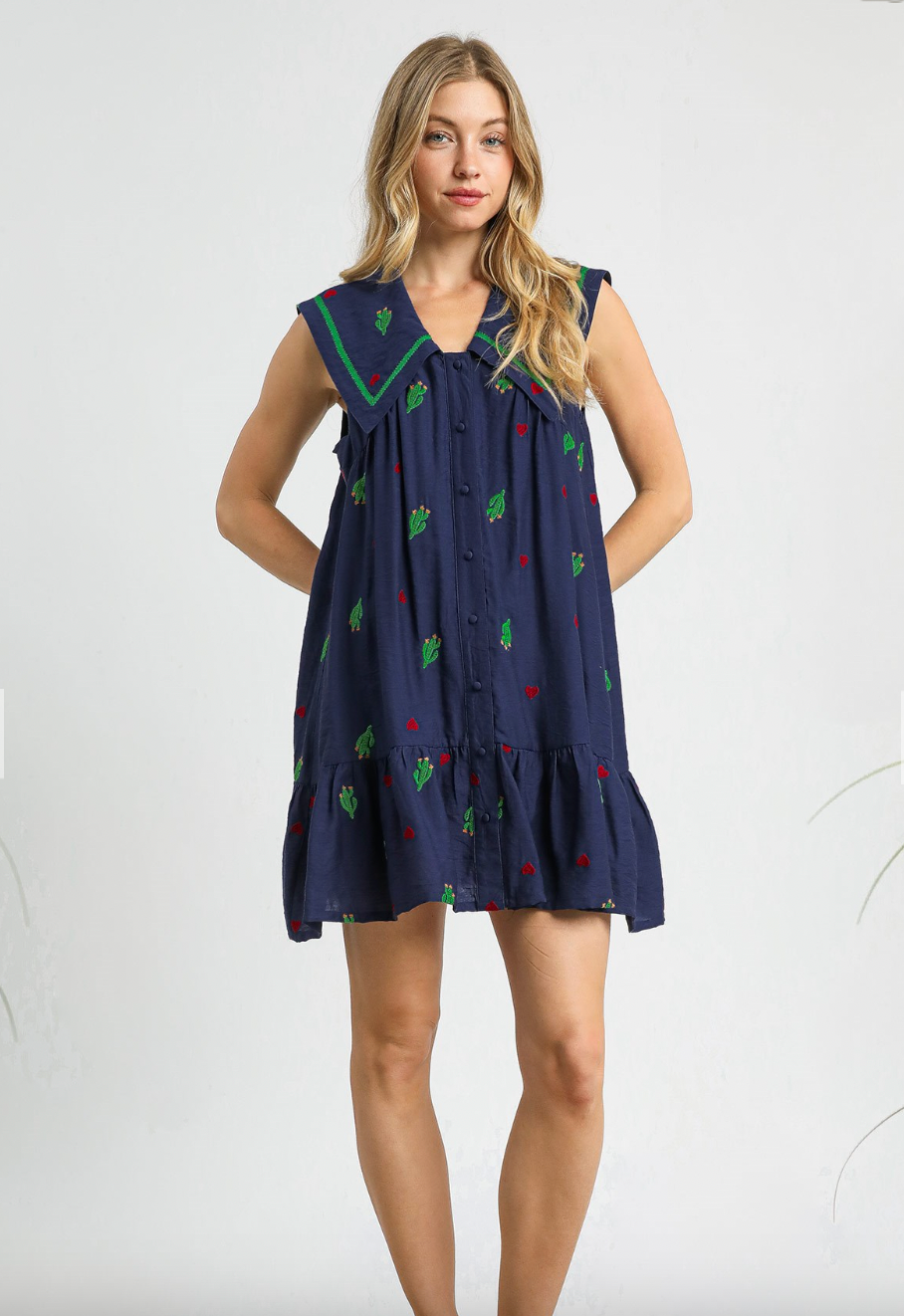 1515 Navy Embroidered Cactus Big Collar Dress