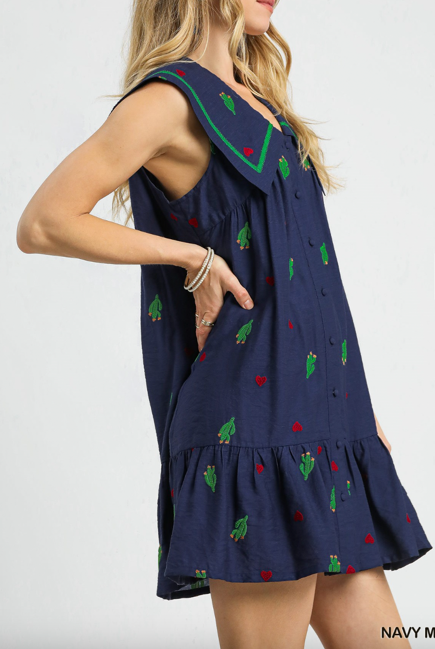 1515 Navy Embroidered Cactus Big Collar Dress