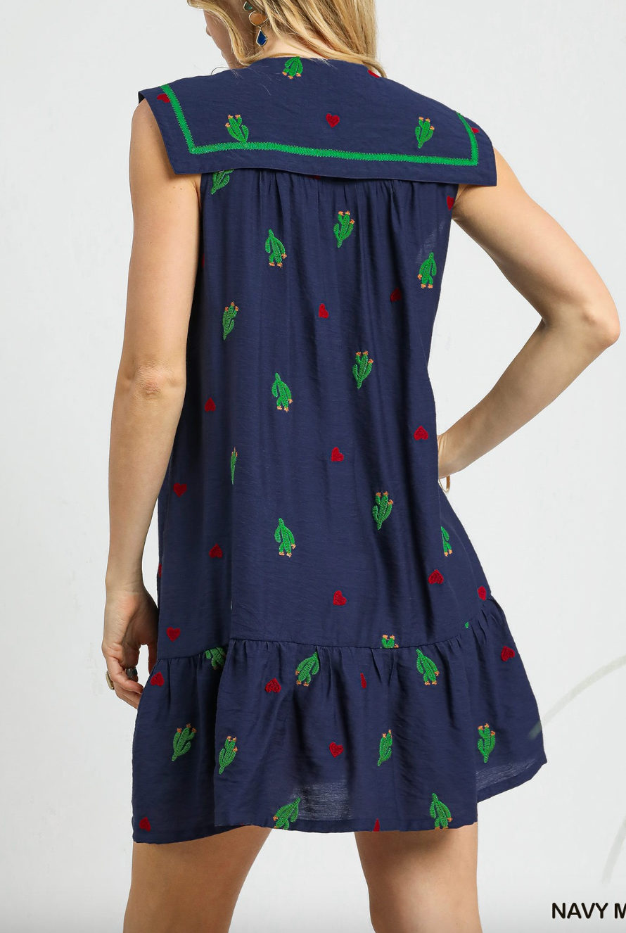 1515 Navy Embroidered Cactus Big Collar Dress