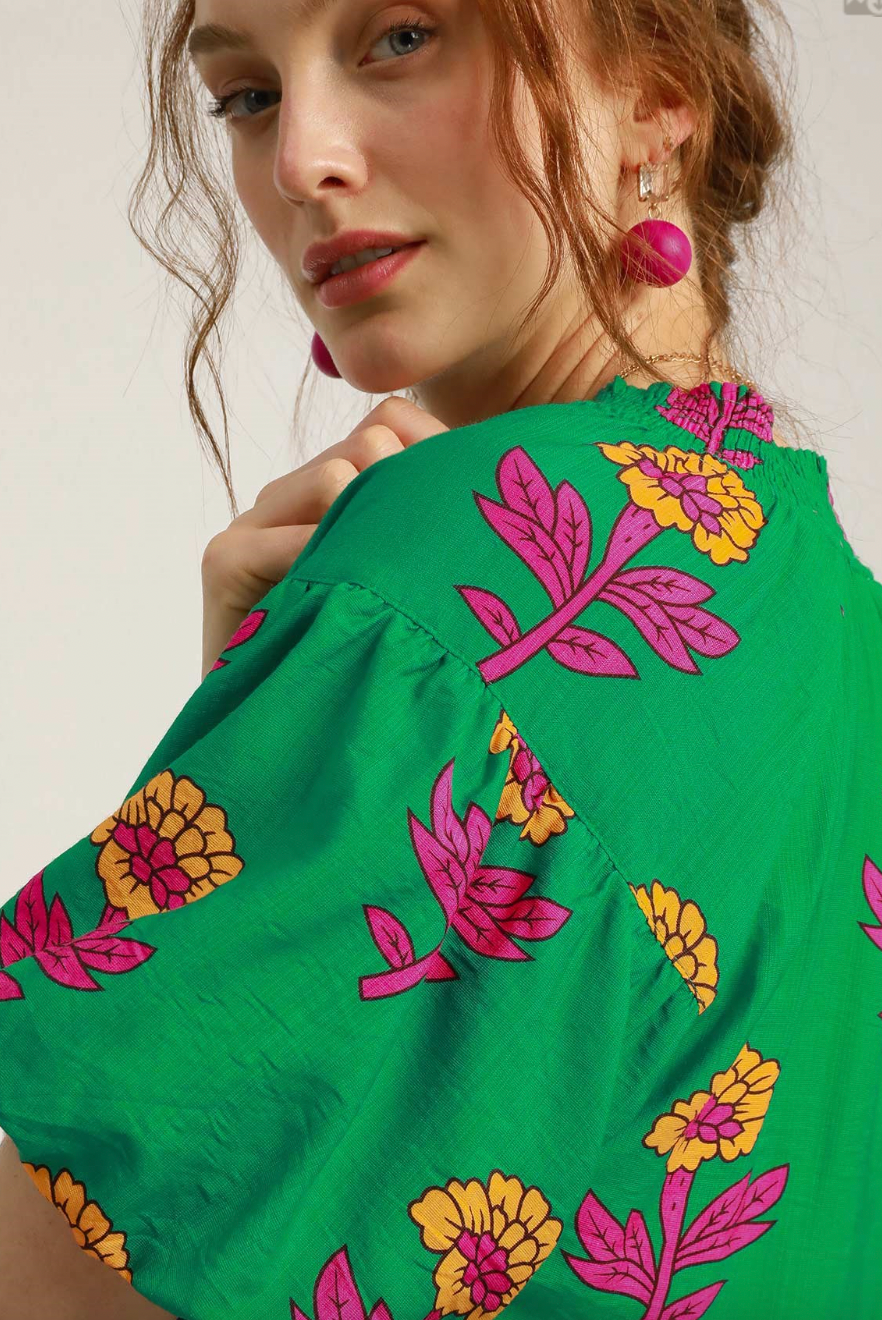 1517 Green With Fuchsia Flowers Print Top