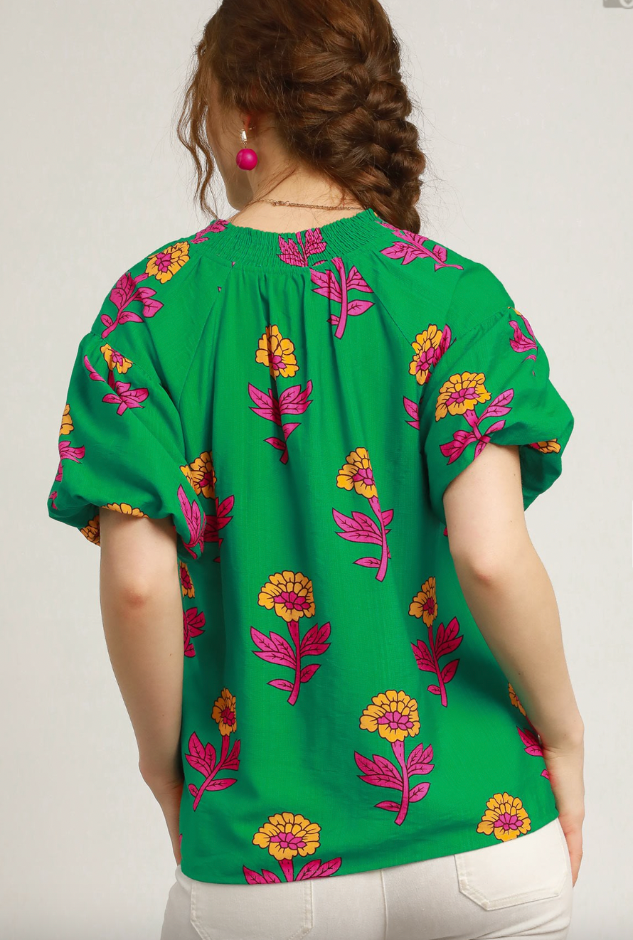 1517 Green With Fuchsia Flowers Print Top