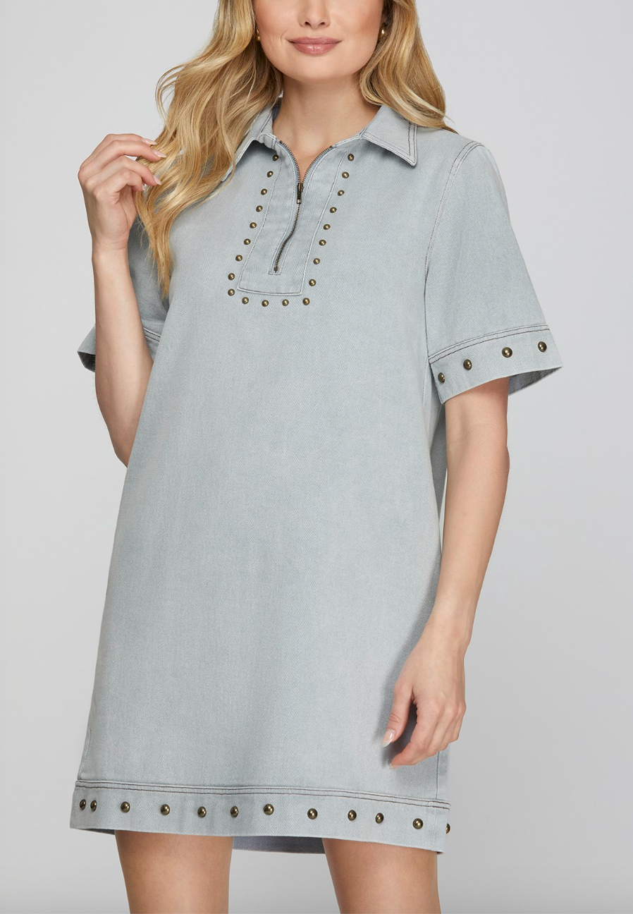 1636 Studded Zipper Denim Dress
