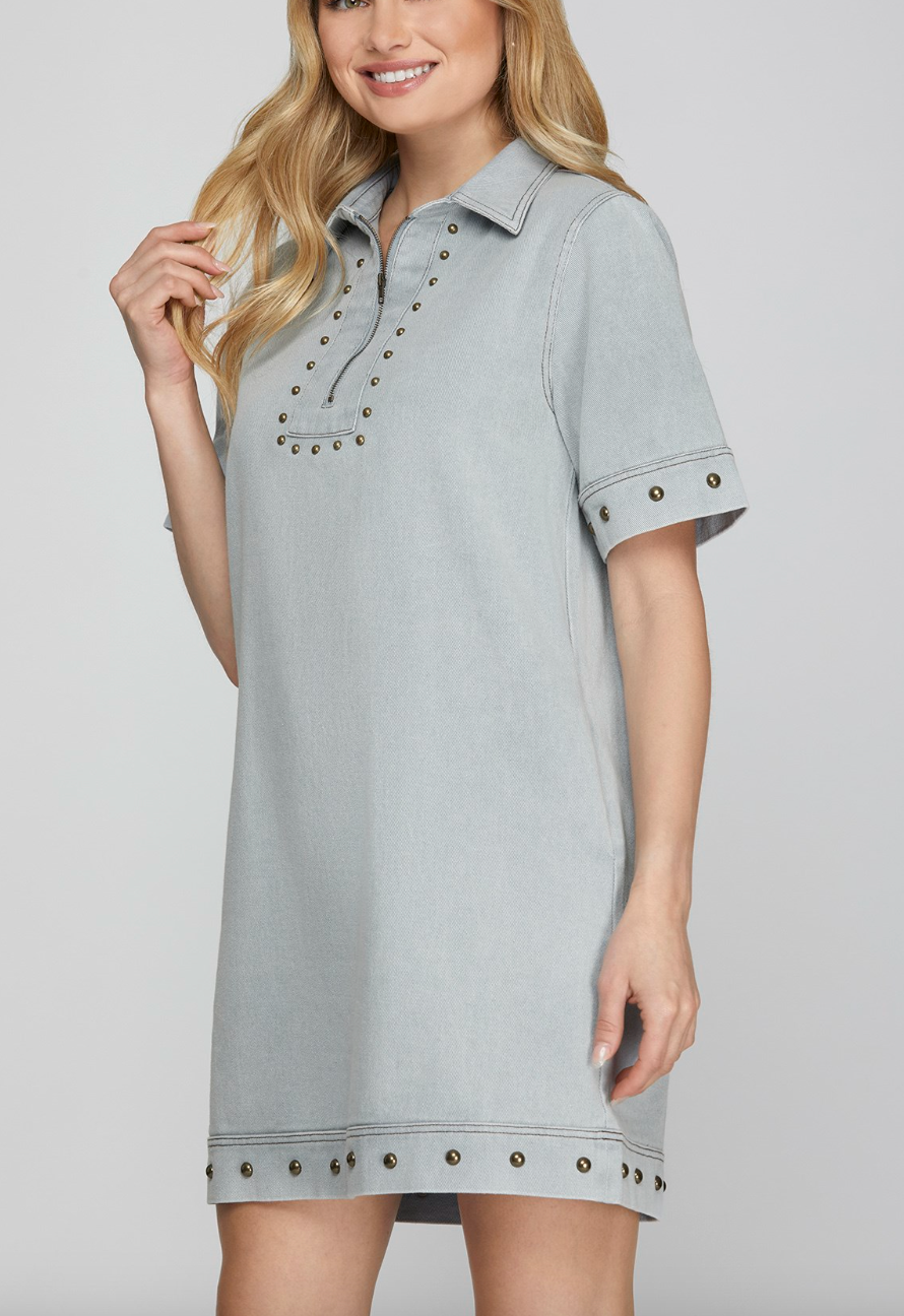 1636 Studded Zipper Denim Dress