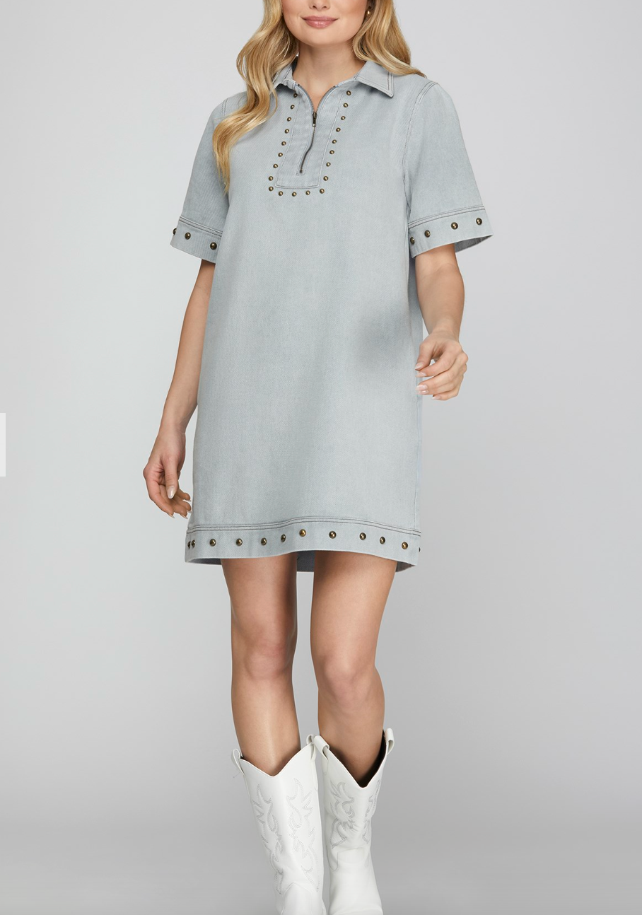 1636 Studded Zipper Denim Dress