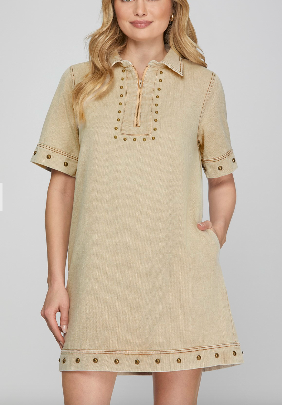 1636 Studded Zipper Denim Dress