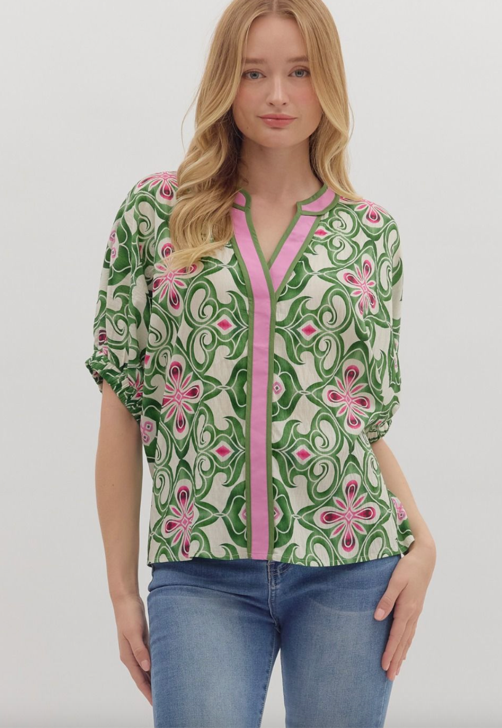 1672 V-Neck Batik Print Top