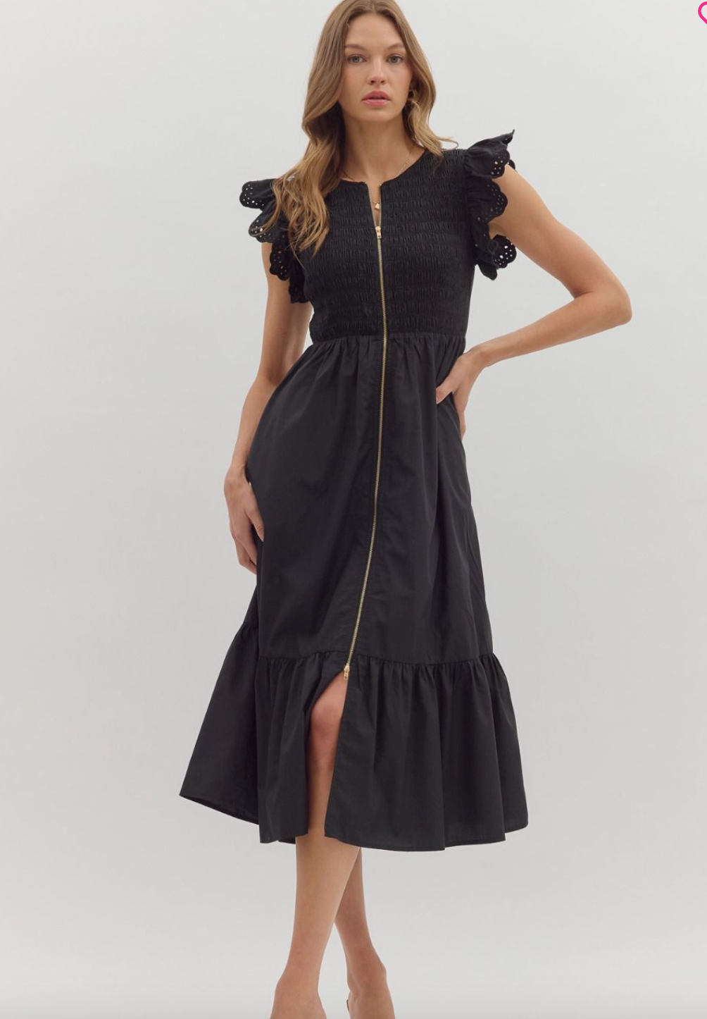 1759 Ruffle Sleeve Zipper Midi Dress