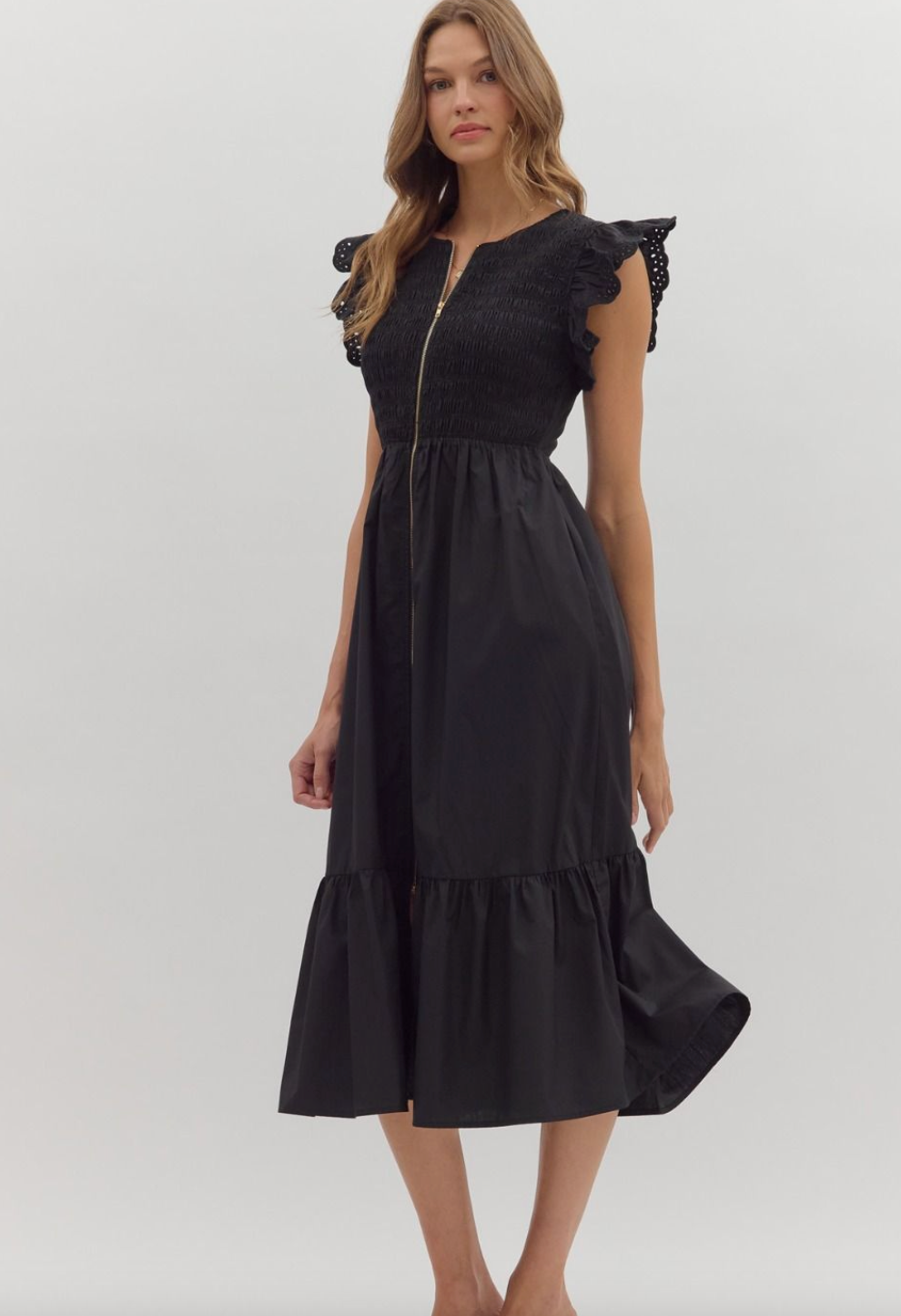 1759 Ruffle Sleeve Zipper Midi Dress