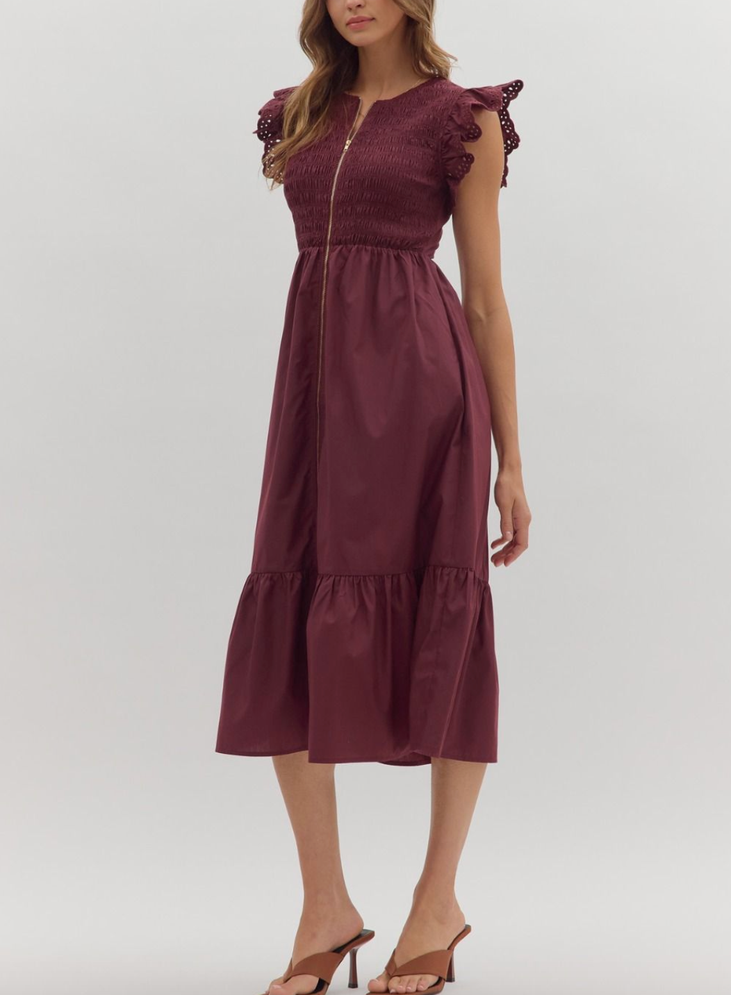 1759 Ruffle Sleeve Zipper Midi Dress