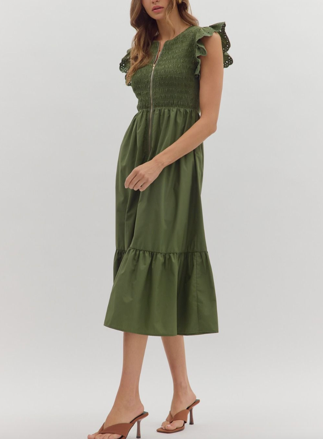 1759 Ruffle Sleeve Zipper Midi Dress