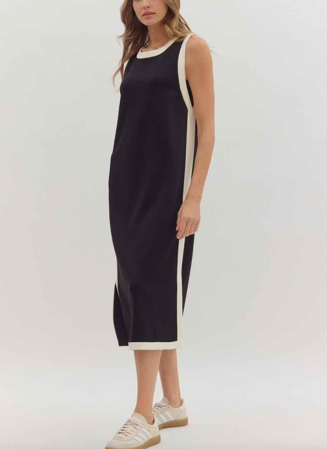 1760 Black White Striped Midi Dress