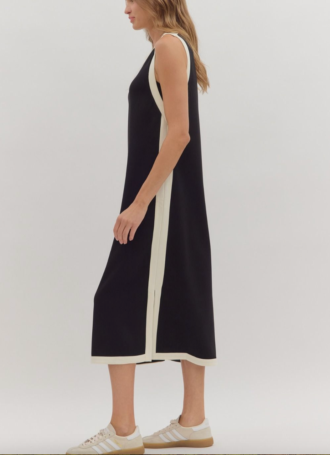 1760 Black White Striped Midi Dress