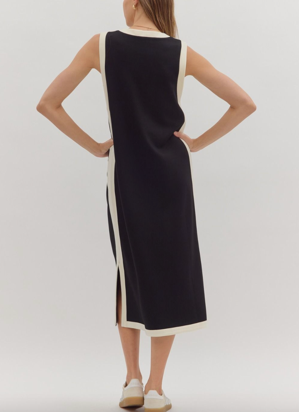 1760 Black White Striped Midi Dress