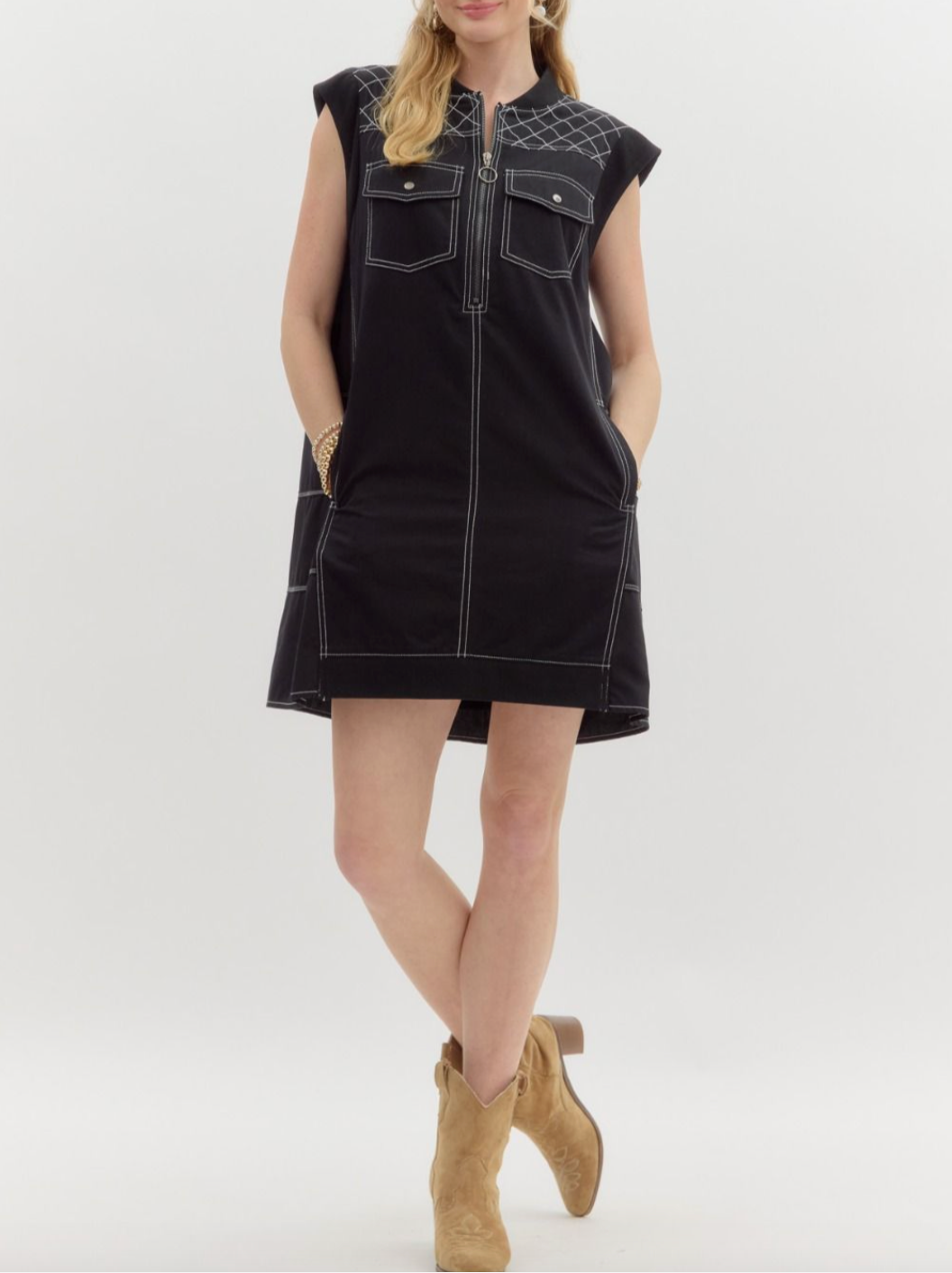 1673 Checkers Zipper Sleeveless Pocket Dress