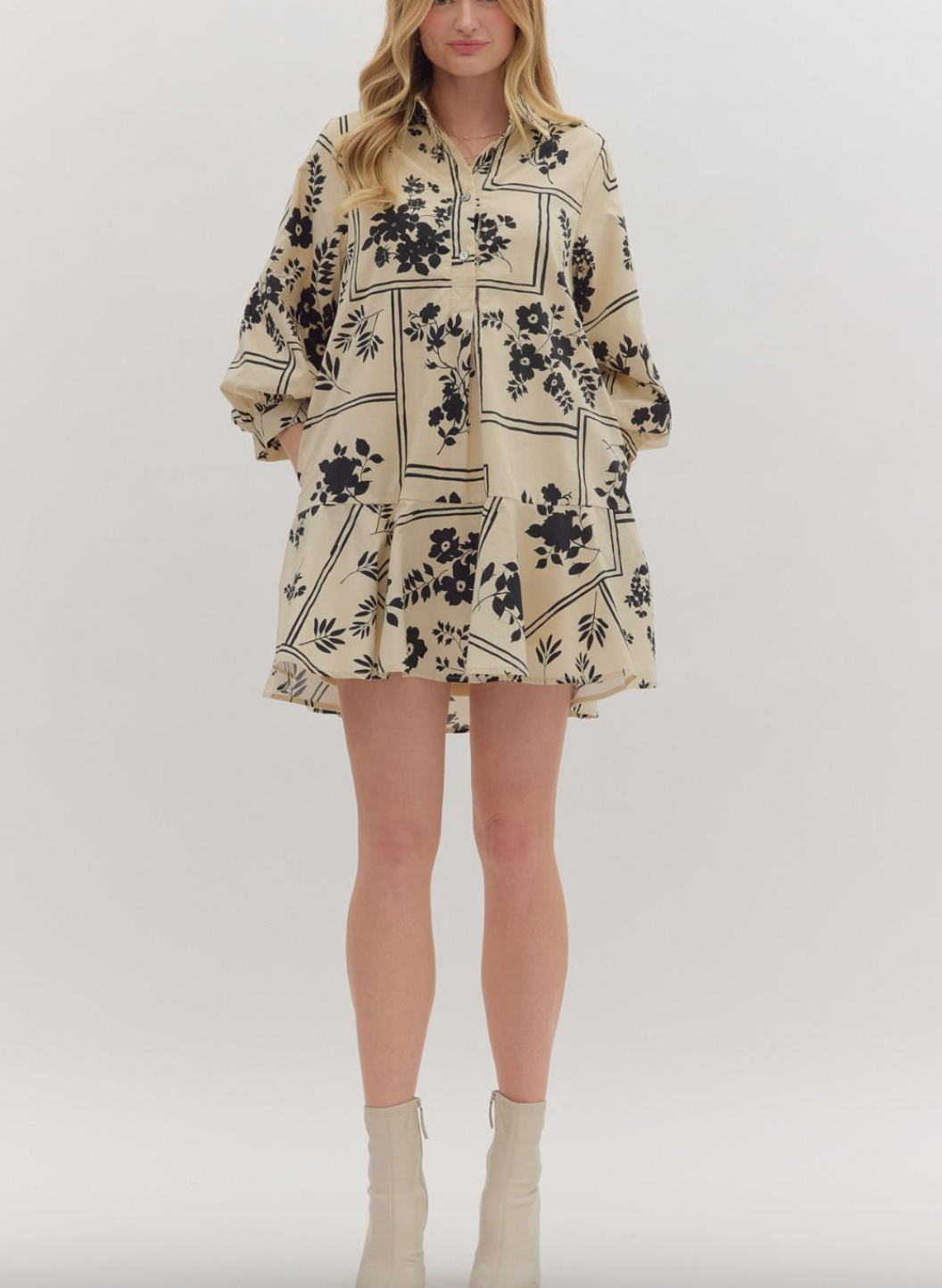 1770 Floral Beige & Black Dress
