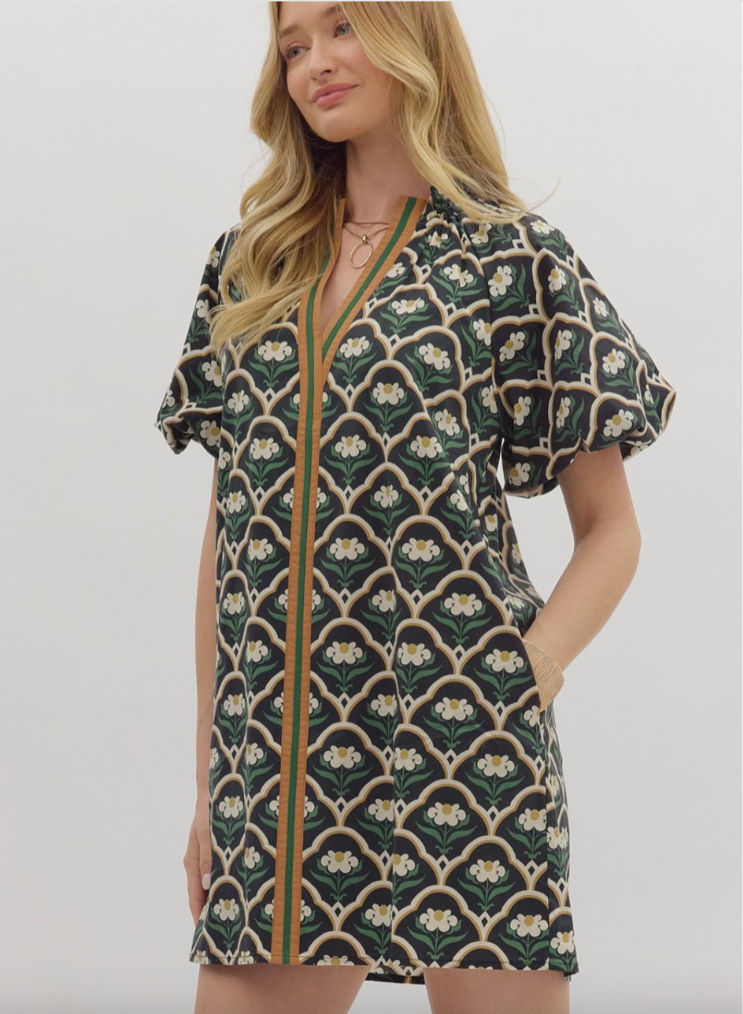 1677 V-Neck Bubble Sleeve Floral Print Dress