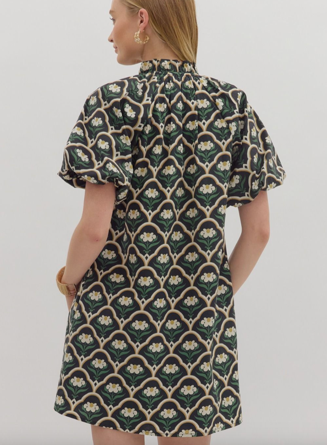 1677 V-Neck Bubble Sleeve Floral Print Dress