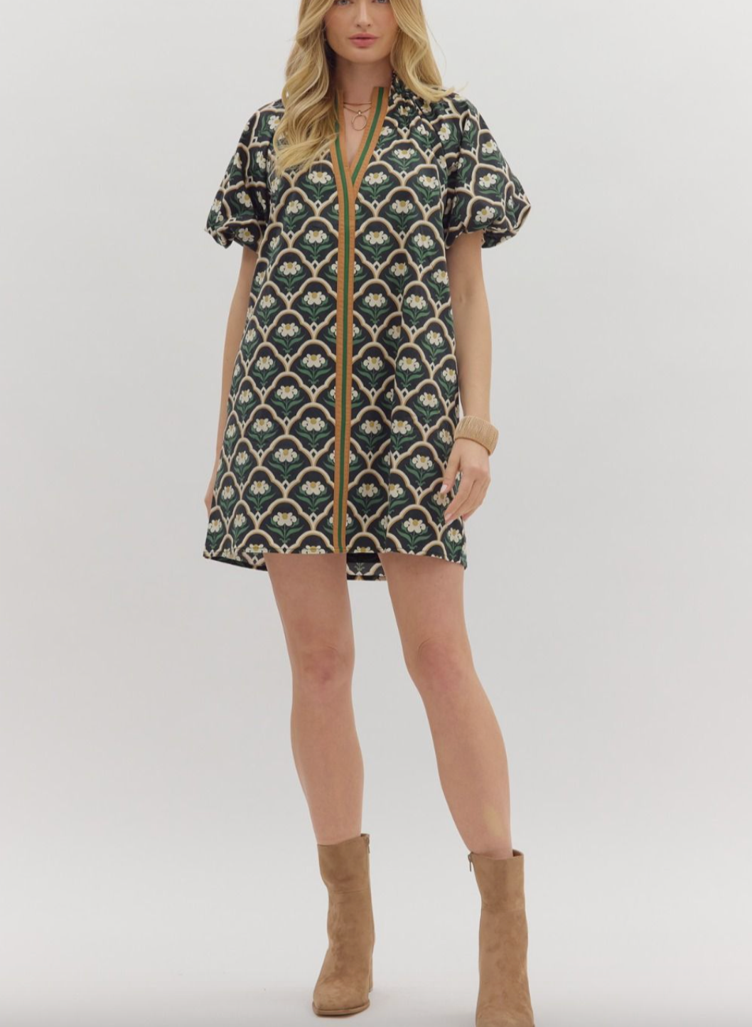 1677 V-Neck Bubble Sleeve Floral Print Dress