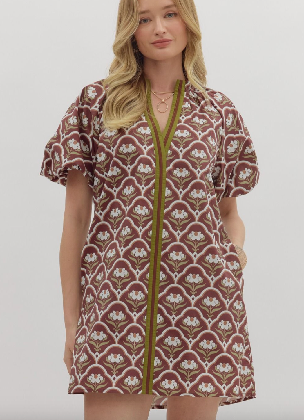 1677 V-Neck Bubble Sleeve Floral Print Dress