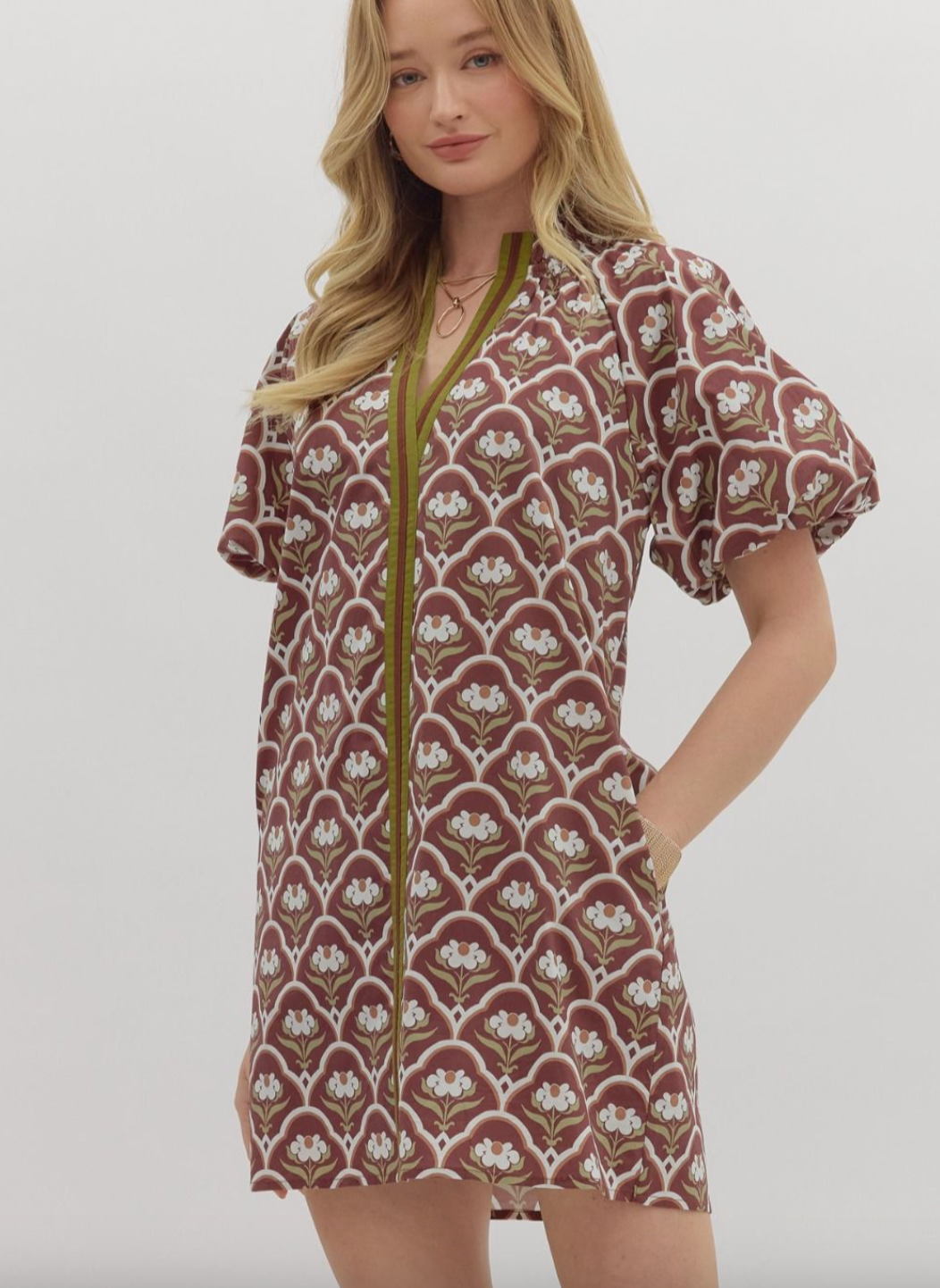 1677 V-Neck Bubble Sleeve Floral Print Dress