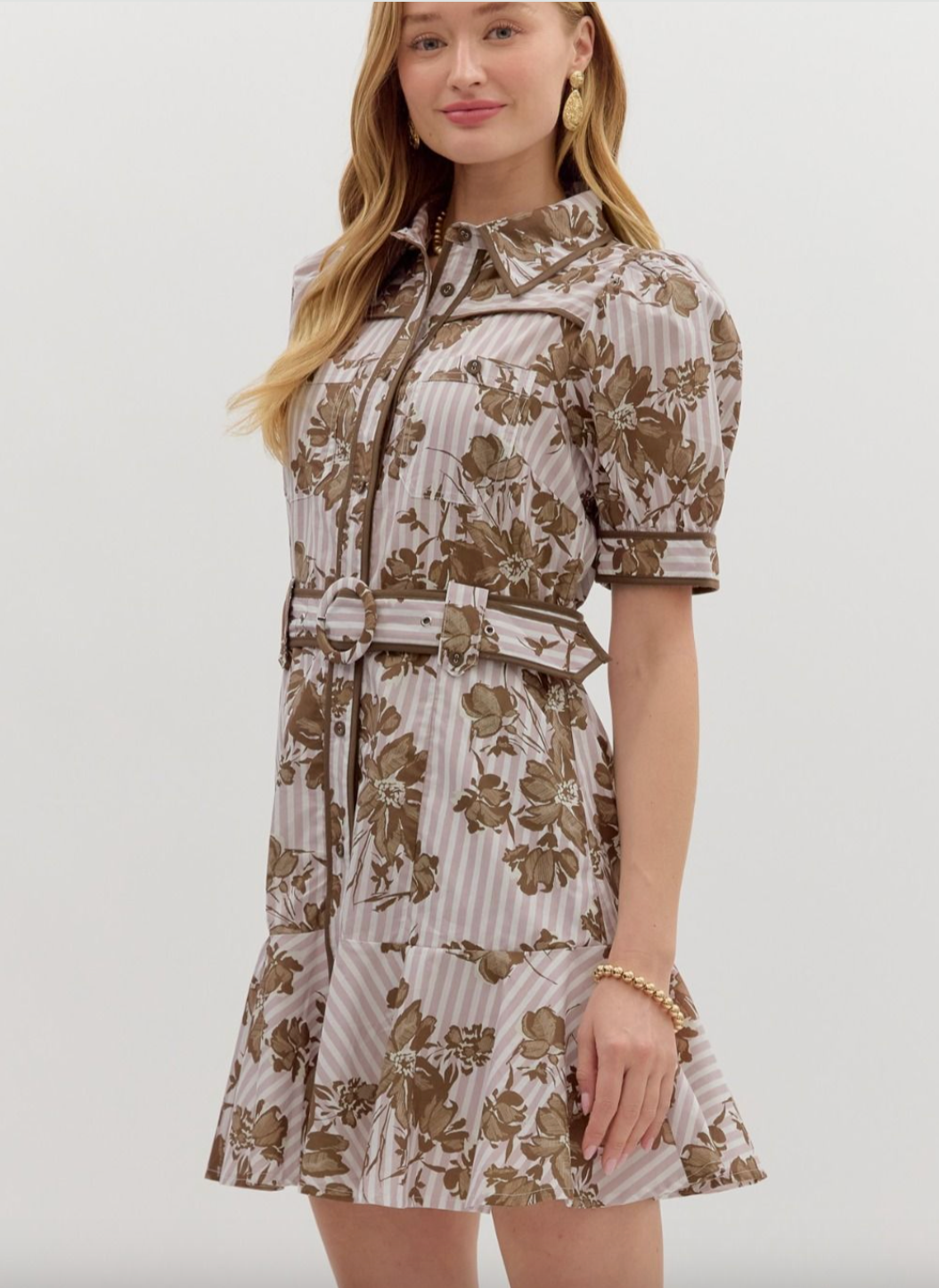1685 Brown Floral Print Short Dress