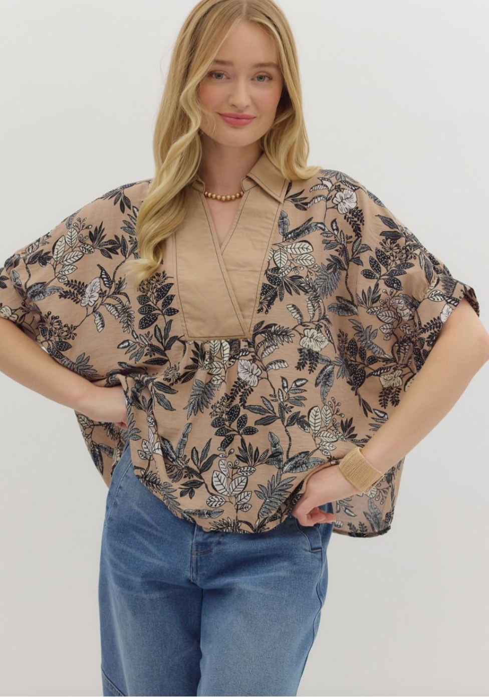 1700 V-Neck Floral Black & Taupe Top
