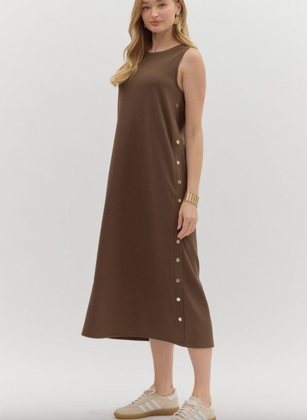 1681 Gold Side Buttoms Midi Dress