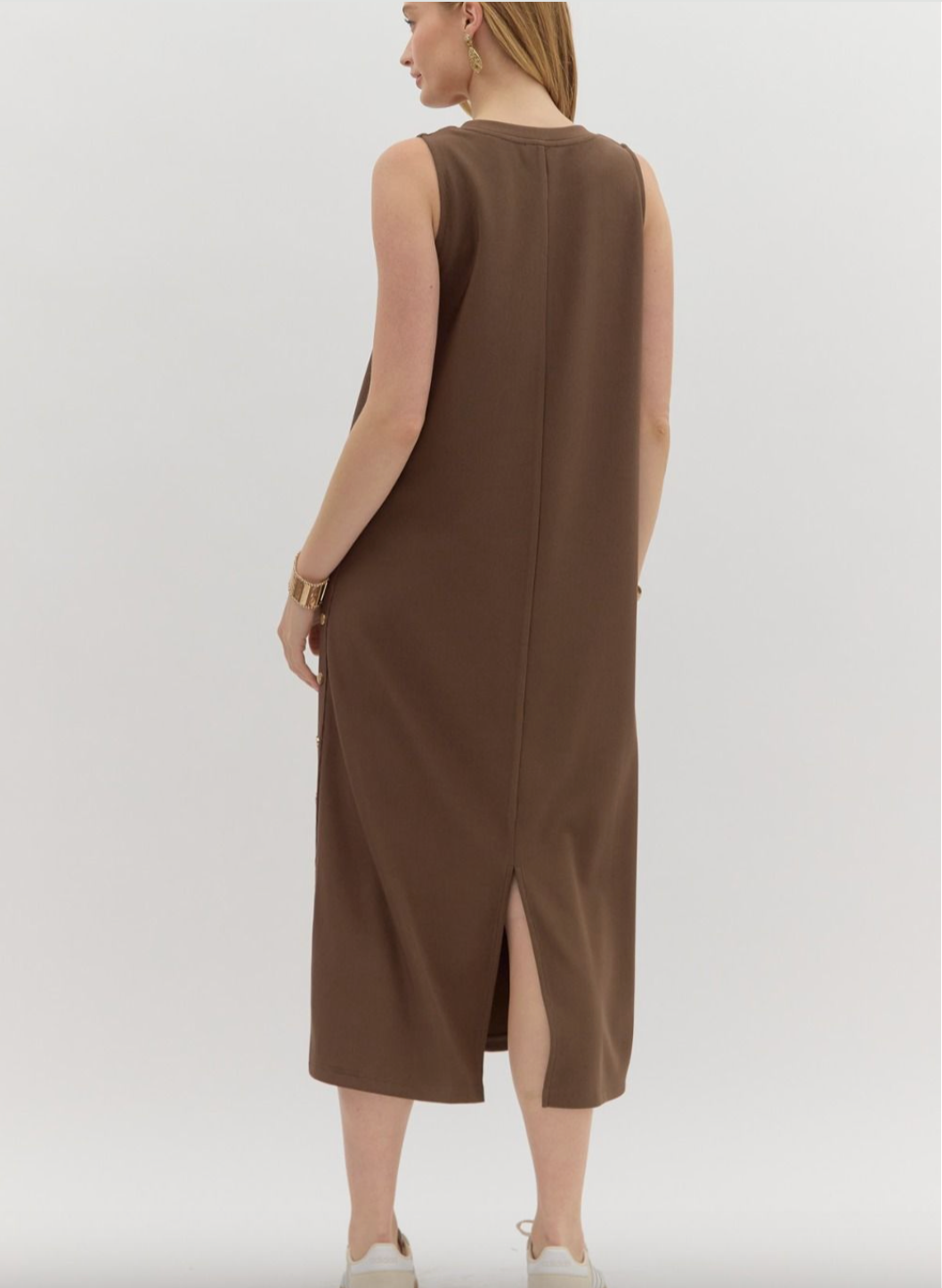 1681 Gold Side Buttoms Midi Dress