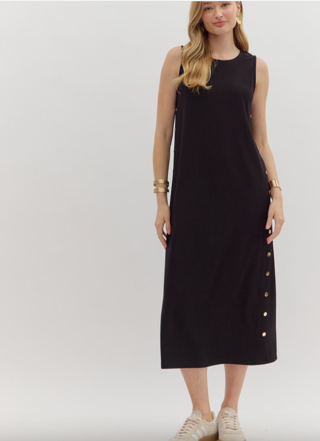 1681 Gold Side Buttoms Midi Dress