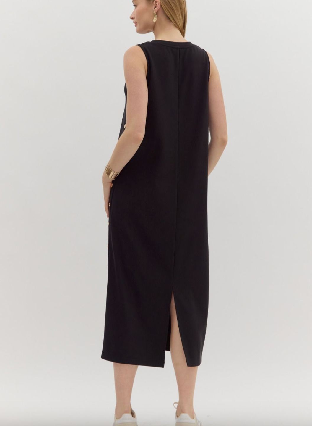 1681 Gold Side Buttoms Midi Dress