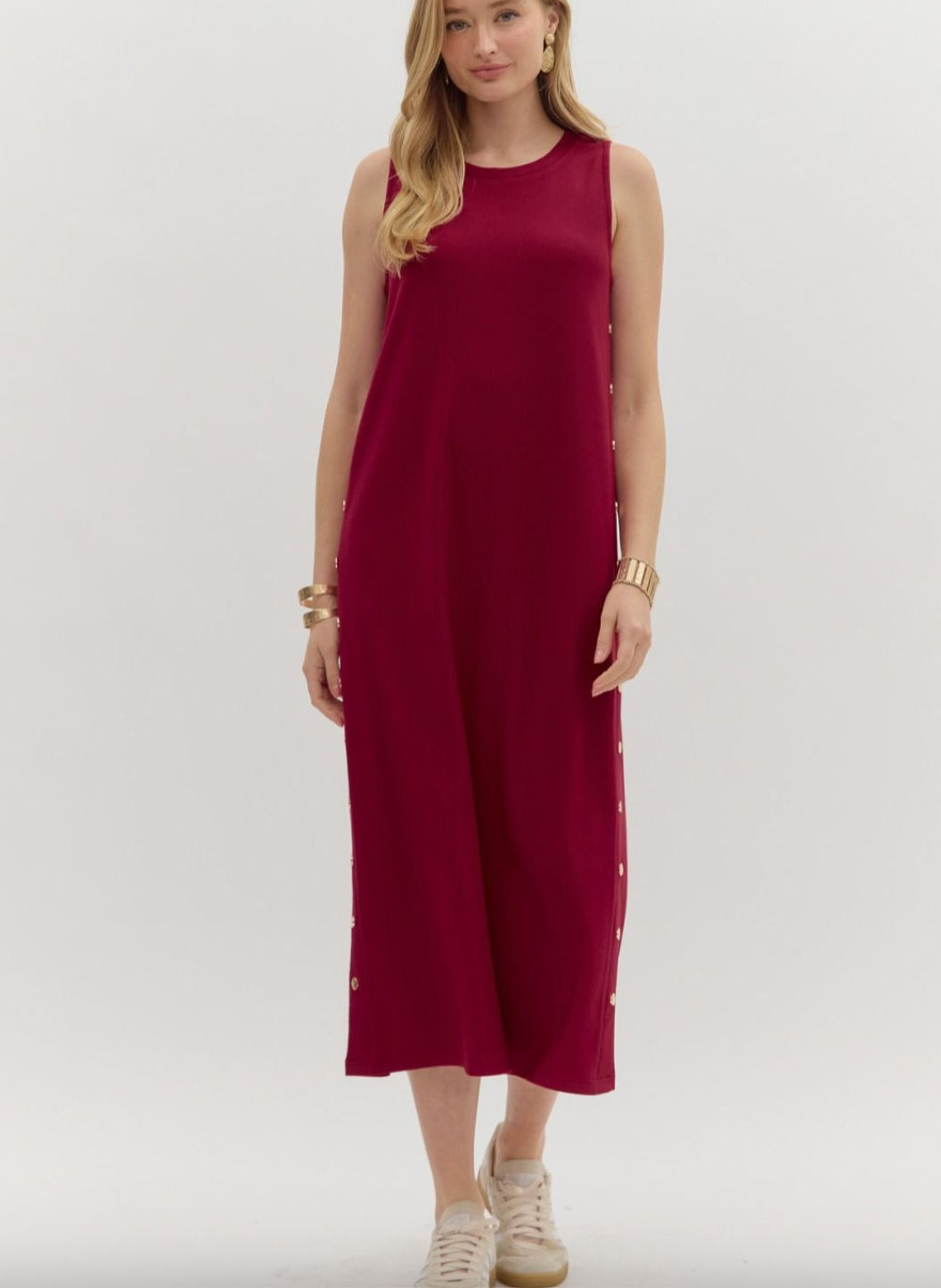 1681 Gold Side Buttoms Midi Dress