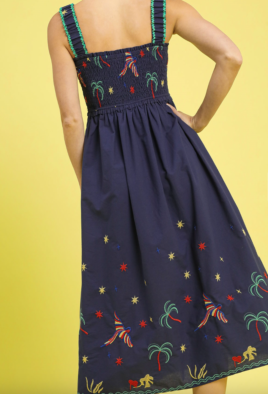 1513 Navy Embroidered Smocked Palm Sundress