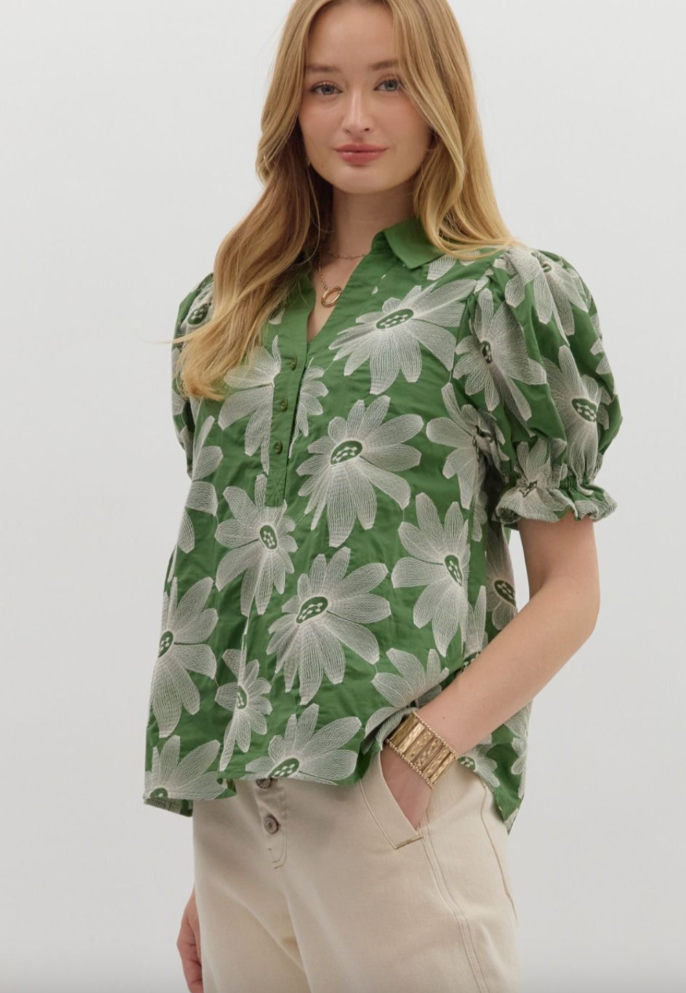 1696 Green Embroidered Collar Shirt