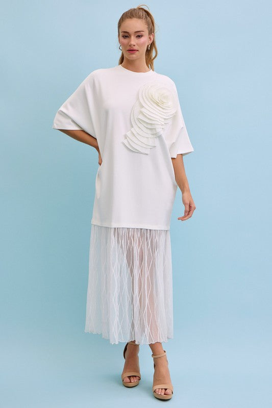 1626 White Ruffle Flower T-Shirt Dress