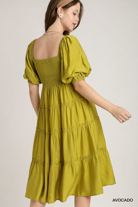 1078 Tiered Puff Sleeve Midi Dress