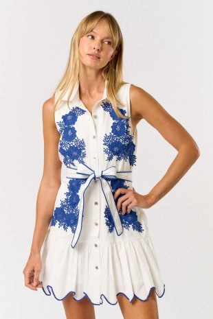 1581 Blue Embroidered Flowers White Dress