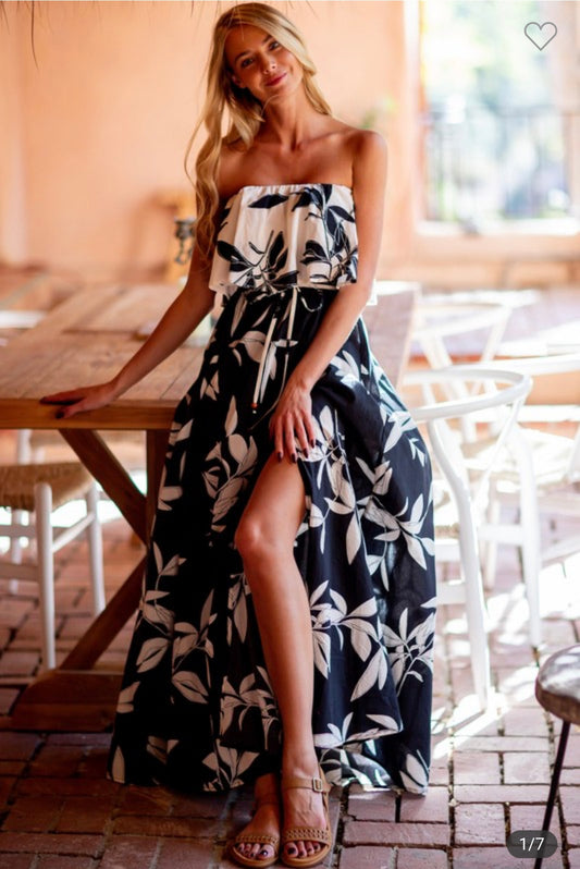 Black & White Leaves Print Strapless Maxi Dress