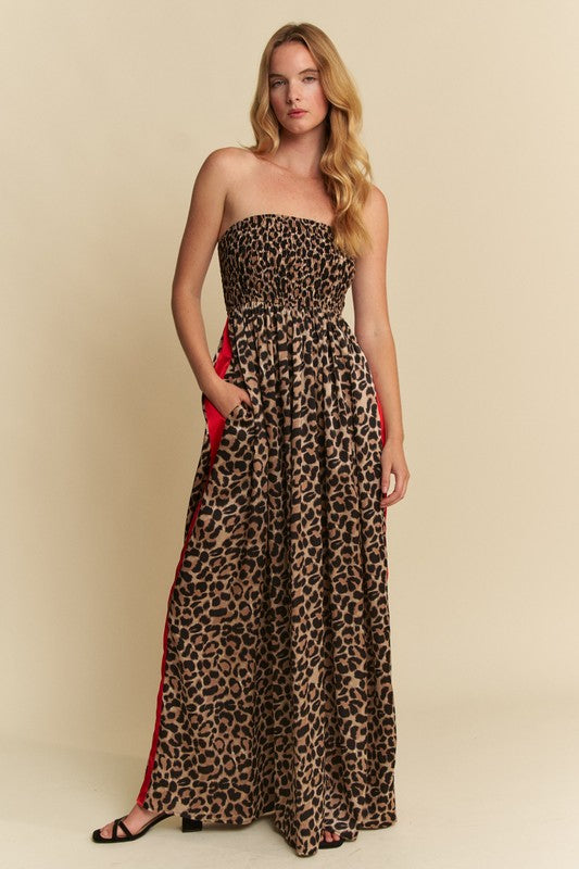 1328 Strapless Animal Print with Red Striped Jumpsuit