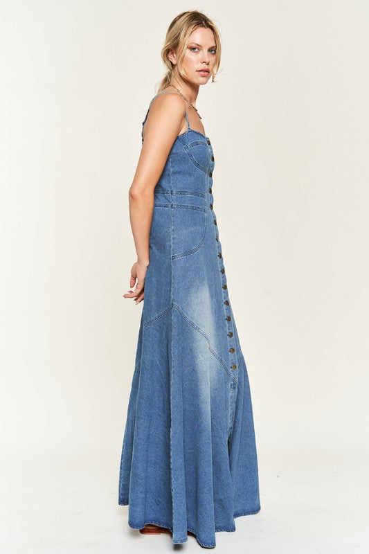 Strapless Button Down Denim Maxi Dress