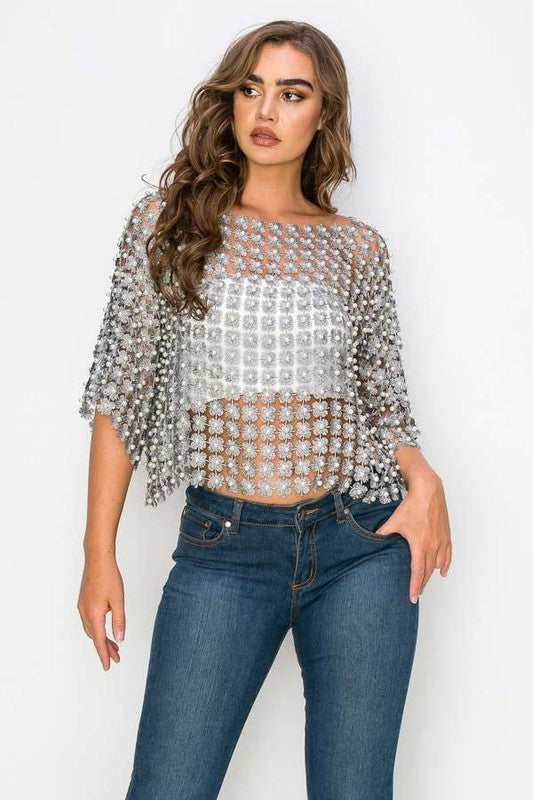 1744 Onesize Silver Pearls Crochet Top