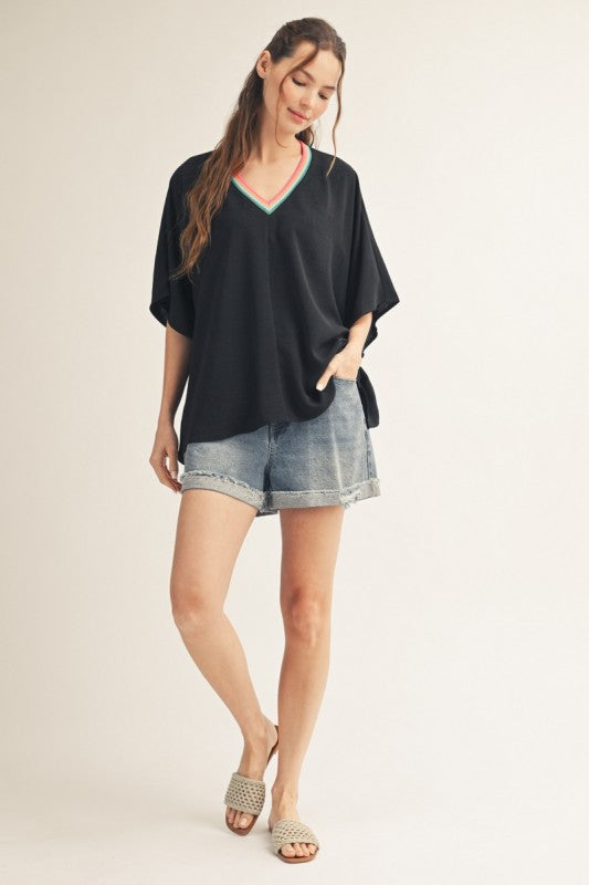 2153 Multi Color Trim V-Neck Top