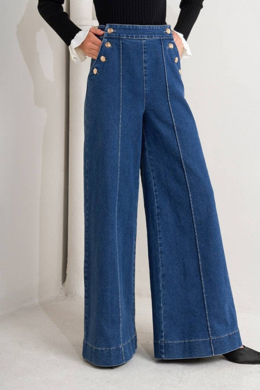1878 Wide Leg Button Closure Denim Pant