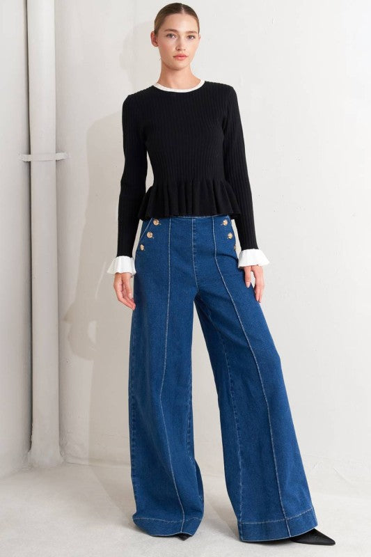 1878 Wide Leg Button Closure Denim Pant