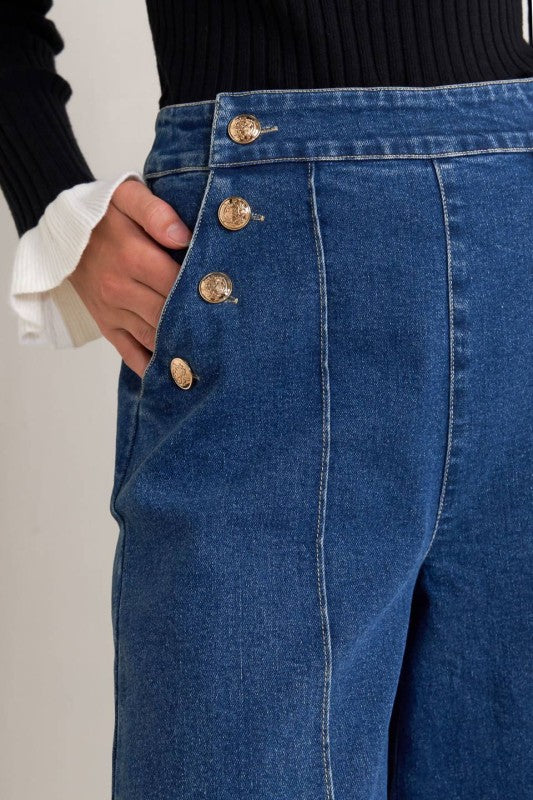 1878 Wide Leg Button Closure Denim Pant