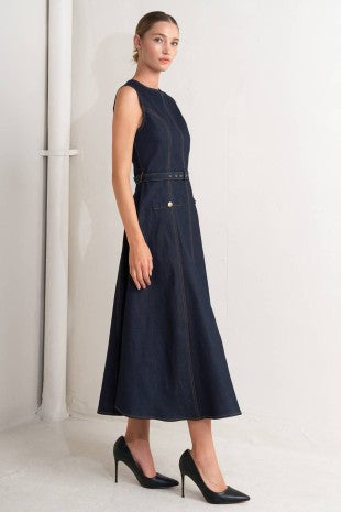 2430 Denim Belted MIdi Dress
