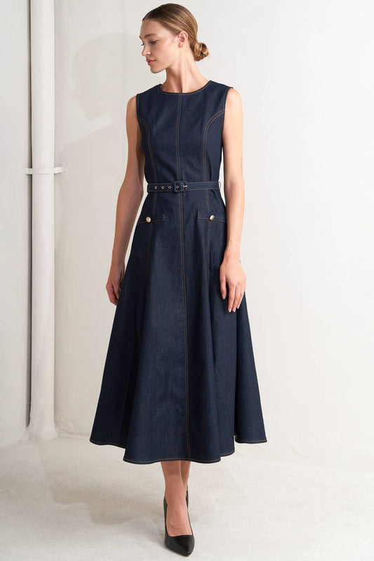 2430 Denim Belted MIdi Dress