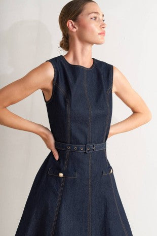 2430 Denim Belted MIdi Dress
